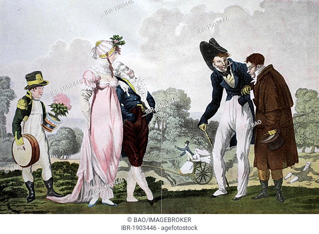 People in Hyde Park, historic French engraving by Louis Debucourt, 18th century