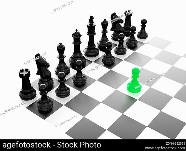 Chess pieces arranged on a chess board and green pawn standing out from the crowd with first move, isolated on white background