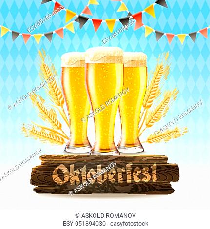 Oktoberfest poster with realistic lager glasses wheat and wooden signboard vector illustration