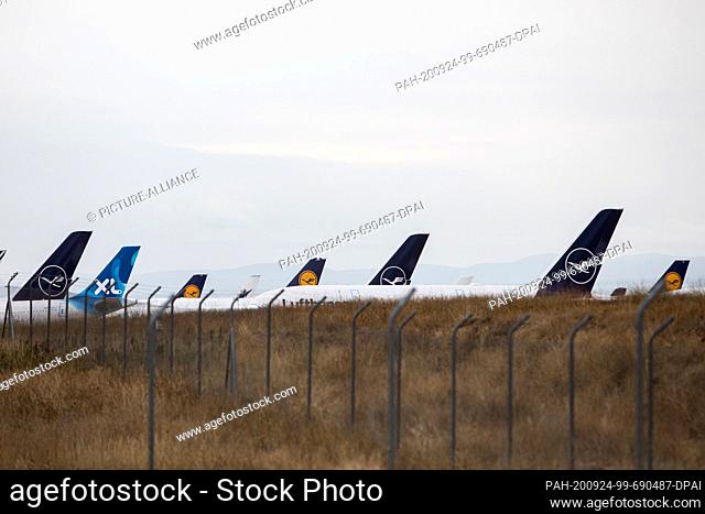 23 September 2020, Spain, Teruel: Lufthansa aircraft are parked at Teruel airport. Teruel airport is used as a large parking lot for the aircraft of various...