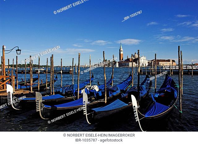 Gondolas at St. Mark's Square, view towards San Giorgio Maggiore, Venice, Veneto, Italy, Europe