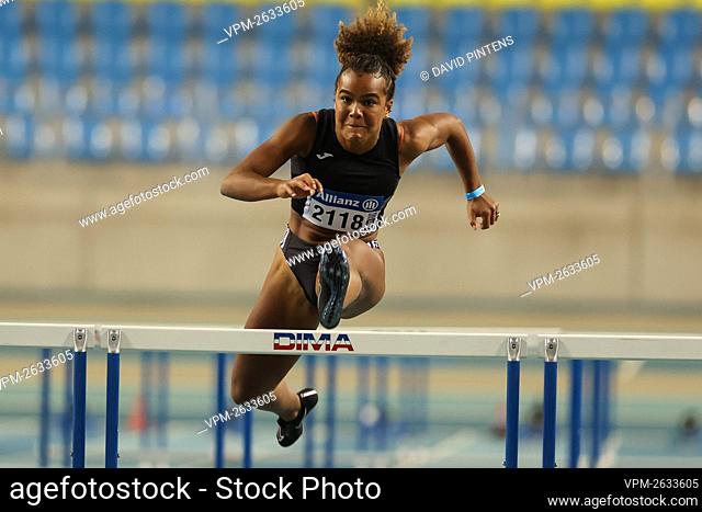 Belgian Angel Agwazie pictured in action during the women's 60m hurdles, at an indoor athletics micro-meeting, in Ghent, Saturday 30 January 2021