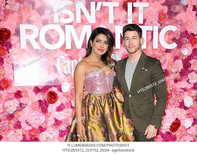 Nick Jonas and Priyanka Chopra at the Los Angeles premiere of 'Isn't It Romantic' held at the Ace Hotel Theatre in Los Angeles, USA on February 11, 2019