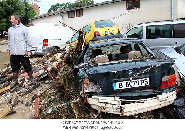 Cars are destroyed during a flood in Varna, Bulgaria. Heavy rain in Bulgaria's Black Sea city of Varna on Thursday afternoon flooded the town