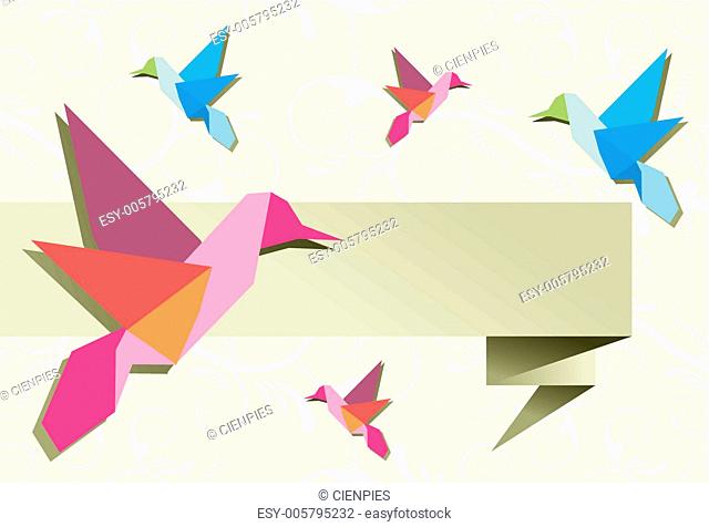 Origami hummingbird group with banner