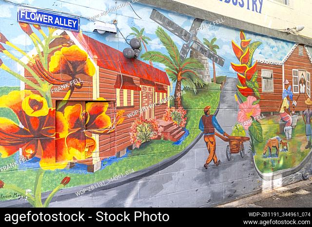 Colourfull wall murial in Flower Alley, Bridgetown, Barbados, West Indies, Caribbean, Central America