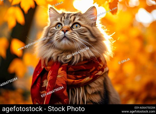 Autumn cat.Tabby cat in a red scarf and autumn leaves in the park. Pets in autumn season. Cute cat in a scarf. AI generated