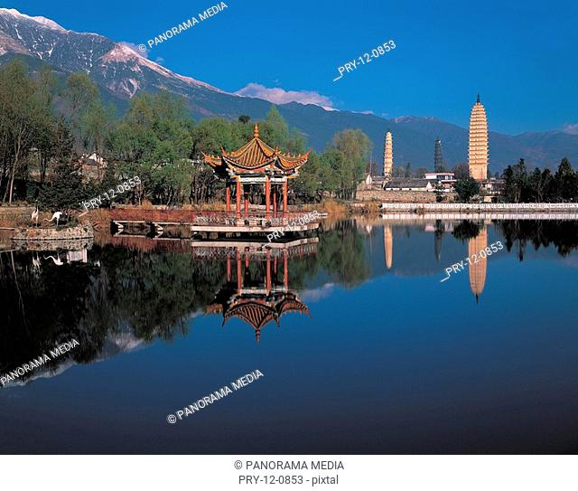 the three pagodas in Yunnan Province, China, lake and pavilion