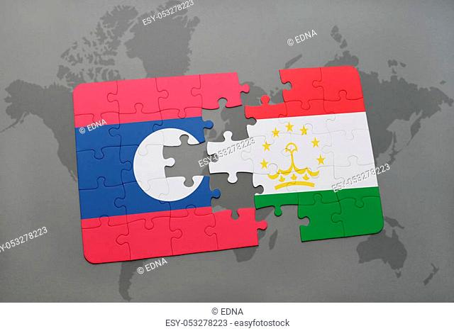 puzzle with the national flag of laos and tajikistan on a world map background. 3D illustration