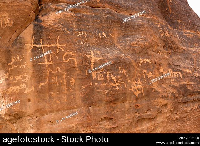 Wadi Rum or Valley of the Moon (UNESCO World Heritage). Thamudic inscriptions in Khazali canyon (7th century BC). Jordan