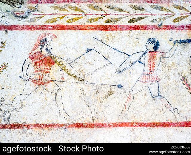 Fresco depicting a duel . Arcioni, Tomb 271 - Northern slab (First quarter of the 4th century BC). - Archaeological Area of Paestum - Salerno, Italy