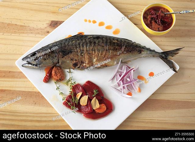 Mackerel, fish, grilled, romesco sauce, peppers, red onion, garlic,