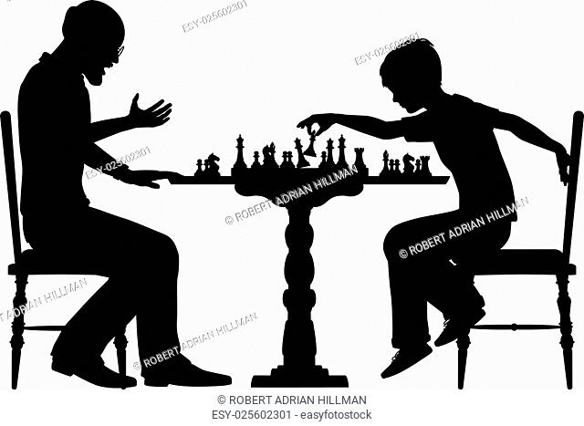 Editable vector silhouette of a young boy beating a man at chess with all elements as separate objects
