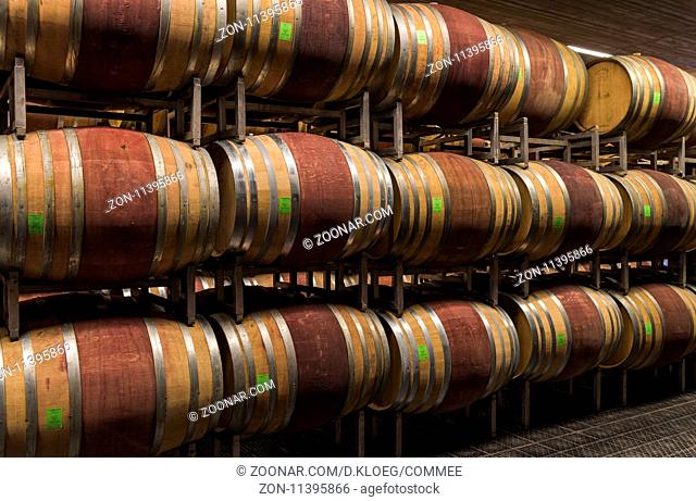 Alba, Italy - May 30, 2016: Cellar with barrels of wine of Ceretto Winery, Piedmont, Italy in Alba district