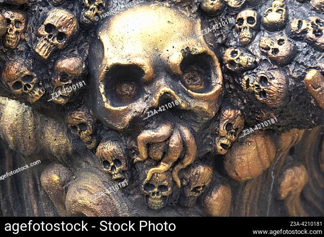 Detail of decoration with skulls of the Blue Temple (Wat Rong Suea Ten or Temple of the Dancing Tiger) in Chiang Rai, Thailand, Asia