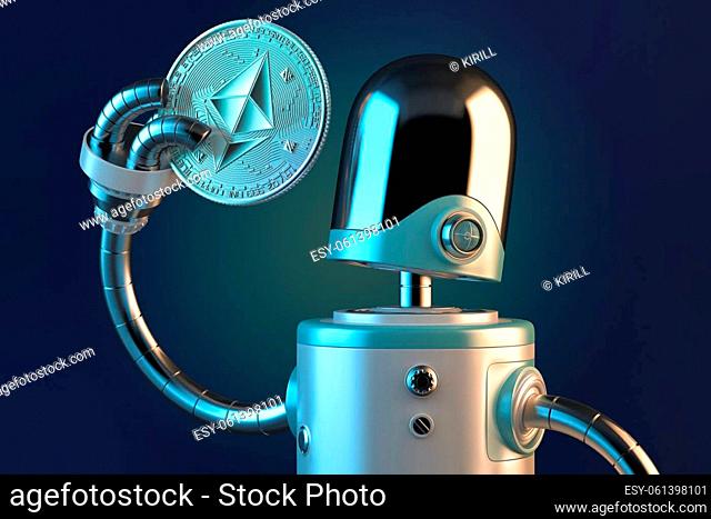 Robot looking at Ethereum coin. Technology concept. 3D illustration. Contains clipping path