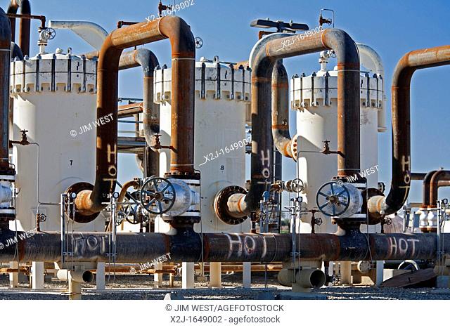 Brawley, California - A geothermal energy plant operated by Ormat Technologies in California's Imperial Valley  The pipes carry hot water or steam from deep...