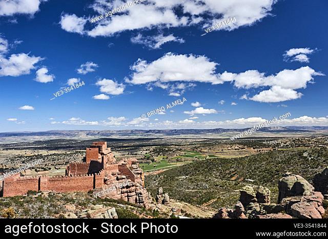 Peracense Castle in Menera mountain range. In the background Jiloca valley, Teruel province (region of Aragon, Spain)