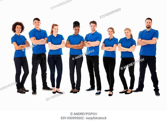 Portrait Of Happy Male And Female Janitor Over White Background