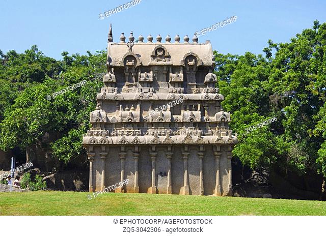 Carved temple near Krishna's Butter Ball, Mahabalipuram, Tamil Nadu, India