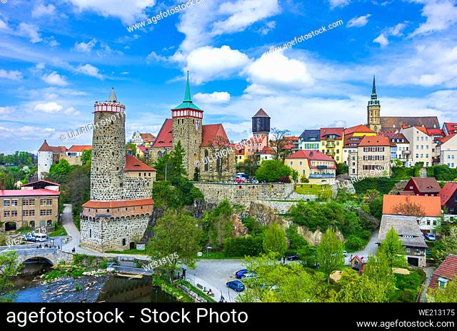 Bautzen, Upper Lusatia, Saxony, Germany: The well-known silhouette of the medieval Old Town with the characteristic buildings of the Old Waterworks (Alte...