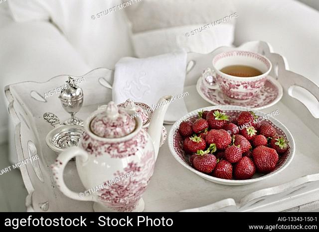 Summer cottage of Jes & Wenche Gerlach, North Zealand. Afternoon tea, english faience, silver heirlooms & local strawberries
