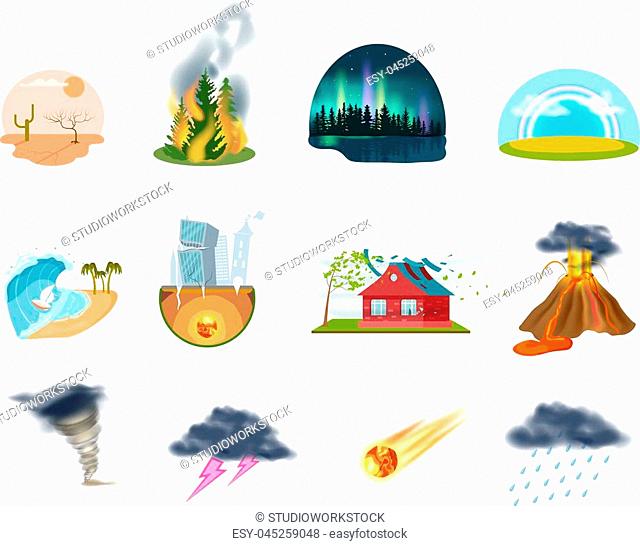 Natural disasters icons. Tornado, forest fire, earthquake, volcanic eruption, tsunami, thunder with lightning, drought desert, meteorite signs