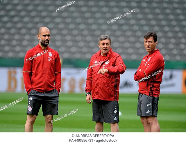 Munich's Spanish coaching team with Pep Guardiola (l-r), Domenec Torrent and Carles Planchart during the final training session of his team at the Olympia...