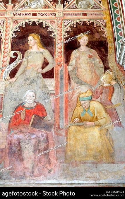 Rhetoric-Cicero, Grammar-Priscian, Sacred Sciences and Liberal arts, detail of the Triumph of St. Thomas Aquinas, fresco by Andrea di Buonaiuto