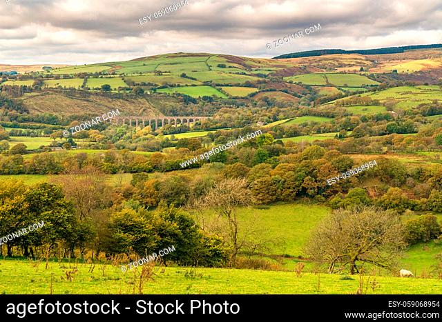 Landscape near Cynghordy in Carmarthenshire, Dyfed, Wales, UK - with the Cynghordy Railway Viaduct in the background