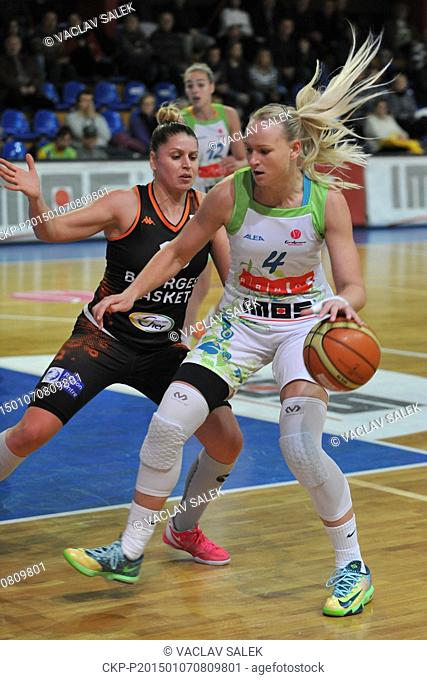 Johannah Leedham of Bourges (left) and Michaela Stejskalova of Brno in action during round 8, European league women basketball match BK IMOS Brno vs Bourges in...