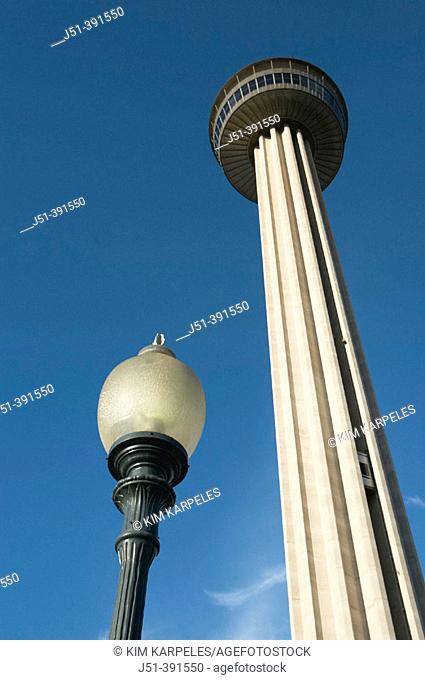 TEXAS San Antonio. Tower of the Americas, Hemisfair Park, street lamp, optical illusion, size contrast