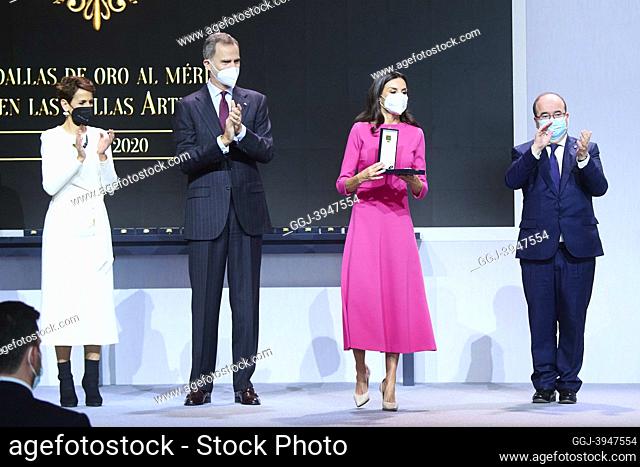 King Felipe VI of Spain, Queen Letizia of Spain attends delivery Gold Medals of Merit in Fine Arts 2020 at Baluarte Conference Centre and Auditorium of Navarra...