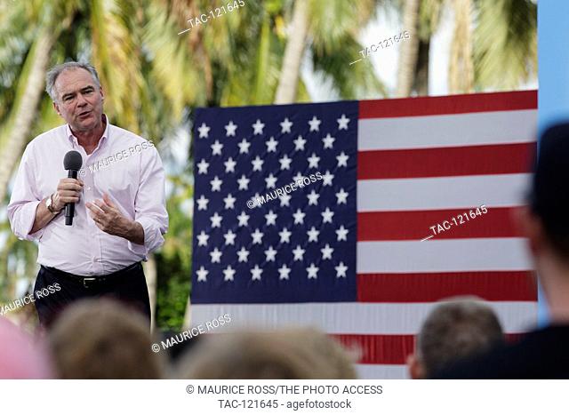 Vice Presidential Candidate Tim Kaine addressing Presidential Candidate Hillary Clinton supporters at Meyer Amphitheater, West Palm beach, FL