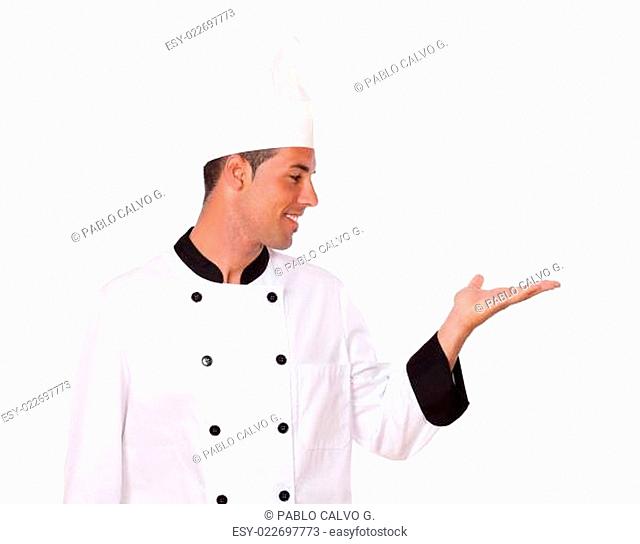 Charming chef holding up his left palm