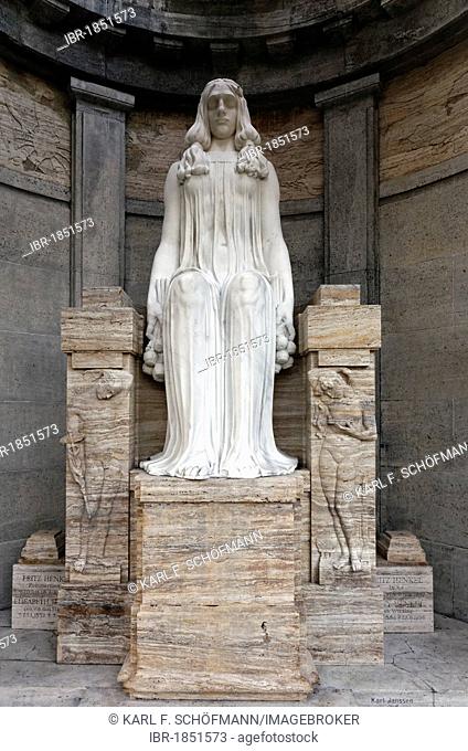 Monumental sculpture of a grieving woman, historic mausoleum of the Henkel family of industrialists, Nordfriedhof Cemetery, Duesseldorf, North Rhine-Westphalia