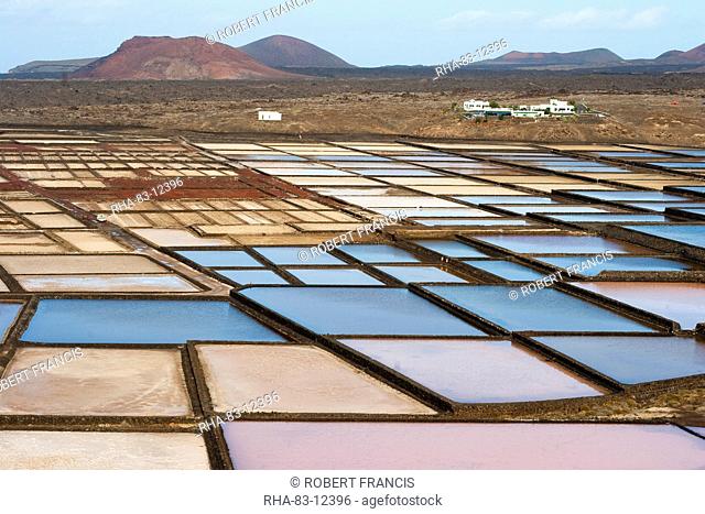The only salt pans on the island still being worked, at Salinas de Janubio in the south, Salinas de Janubio, Teguise, Lanzarote, Canary Islands, Spain, Atlantic