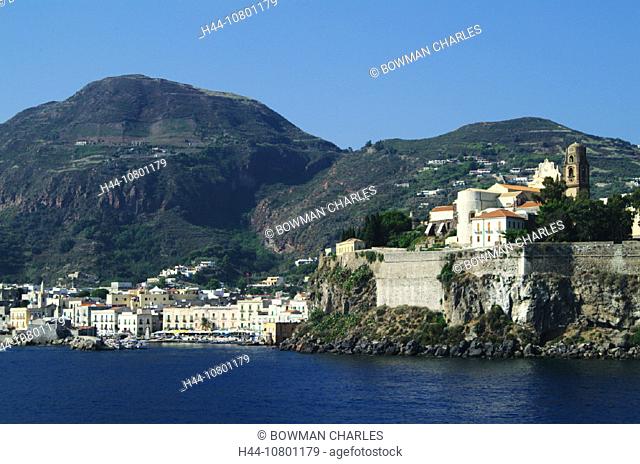 city, coast, island, isle, Italy, Europe, Lipari town, mountains, scenery, landscape, sea, Sicily, Aeolian Islands