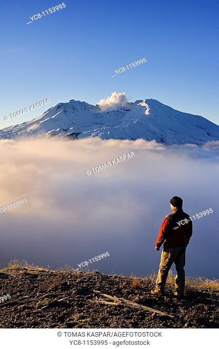 Hiker is enjoying view of autumn Mt  St  Helens volcano which erupted in 1980, and created almost moon like landscape to which life is slowly finding it's way...