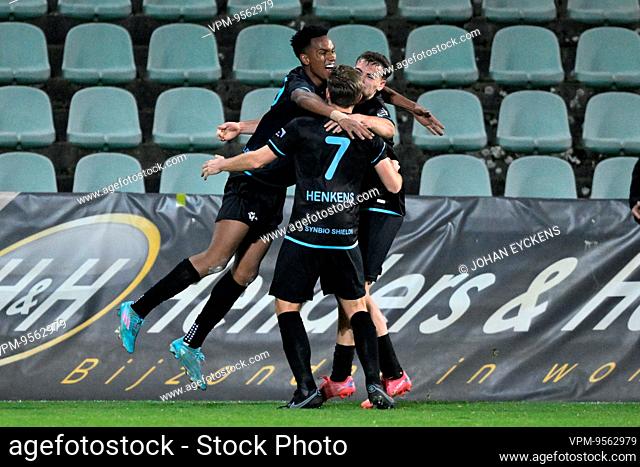Lommel's Vinicius Dos Santos Caue, Lommel's Robin Henkens and Lommel's Agustin Anello celebrates after scoring during a soccer match between Lommel SK and Royal...
