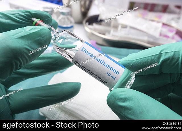 Nurse preparing with medical treatment with Dexamethasone vial in the hospital
