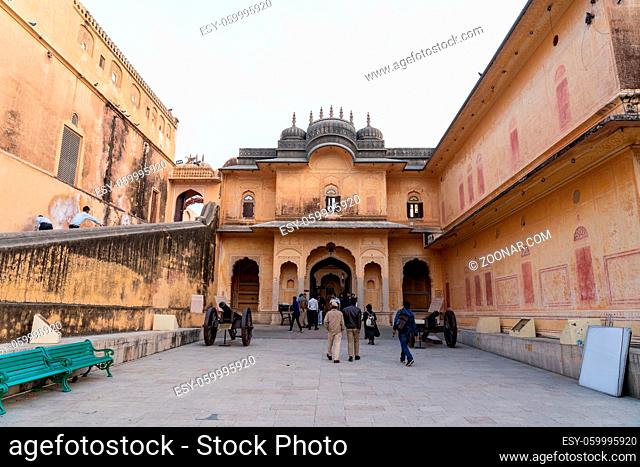 Jaipur, India - December 12, 2019: People in front of the entrance to Nahargarh Fort