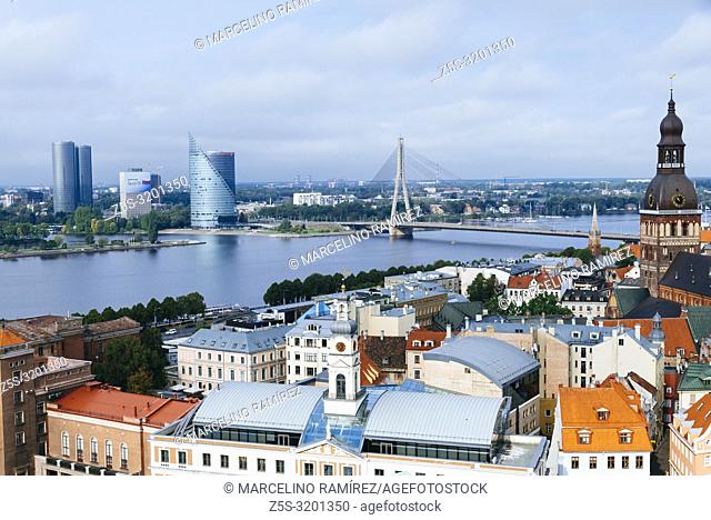 Riga old town from St. Peter's Church. The two banks of river Daugava, Latvia, Baltic states, Europe