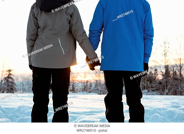 Couple standing and holding hands on snowy landscape