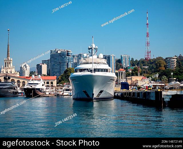 Russia, Sochi 05.10.2019 Big white boat in seaport of Sochi