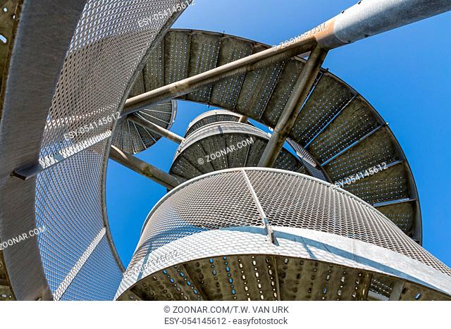 Detail of watch tower made of two twisted steel spiral staircases near Lelystad Airport in The Netherlands