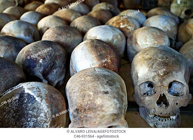 Skulls of the Khmer Rouge's victims at the Killing Fields Memorial of Choeung Ek. Near Phnom Penh. Cambodia