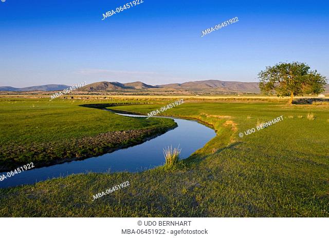 Mongolia, Central Asia, camp in the steppe scenery of Gurvanbulag, river