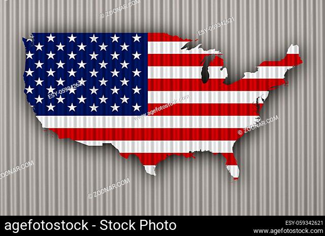 Karte und Fahne der USA auf Wellblech - Map and flag of the USA on corrugated iron