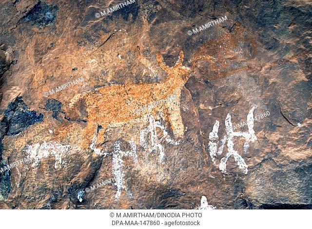 Pre historic rock paintings at Porivarai in Karikkiyoor ; Nilgiris ; Tamil Nadu ; India